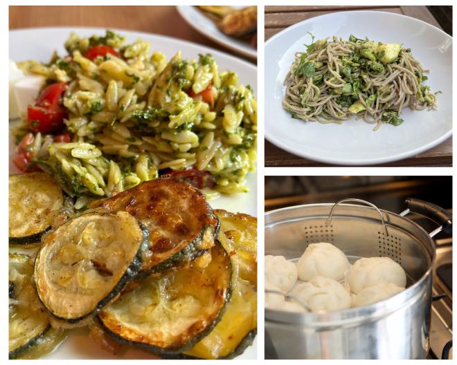 Knusprige Zucchini mit Orzo-Salat, Soba-Nudeln mit Avocado, Limette, Kardamom und Pistazien nach Ottolenghi und vegetarische Bao Buns.