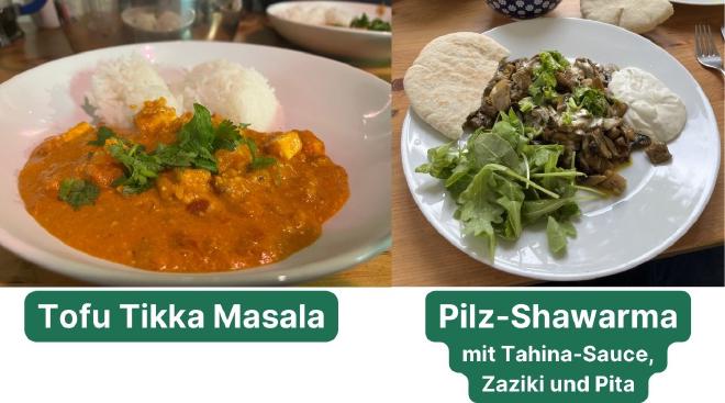 Zwei Rezepte, die ich 2023 am häufigsten gekocht habe: Tofu Tikka Masala und Pilz-Shawarma mit Tahina-Sauce, Zaziki und Pita