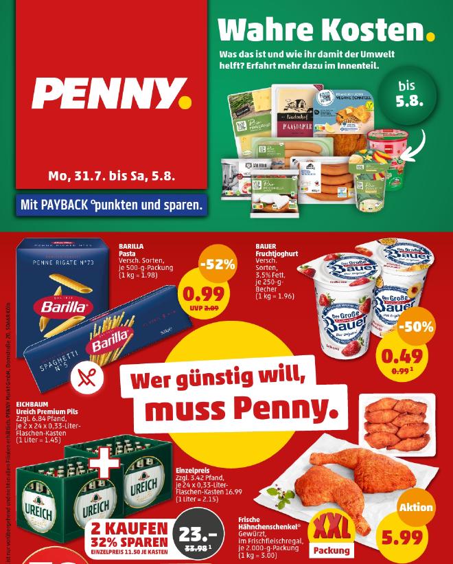 Handzettel von Penny, in denen der Discounter mit den wahren Kosten wirbt