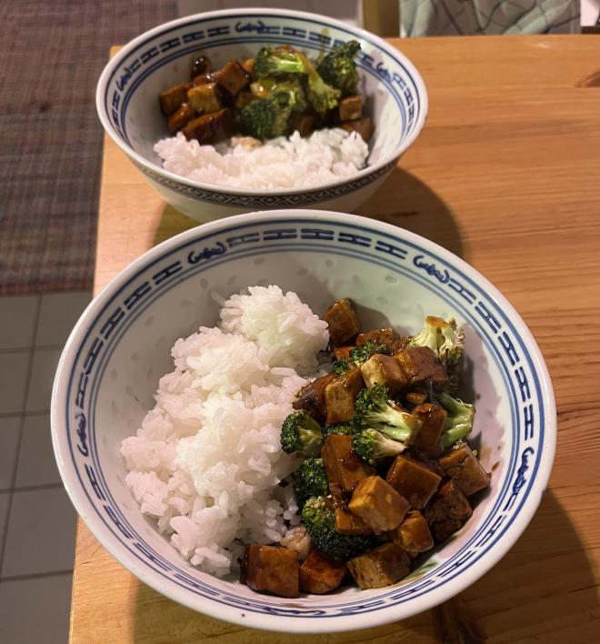 Zwei Portionen Teriyaki Tofu mit Brokkoli und Reis